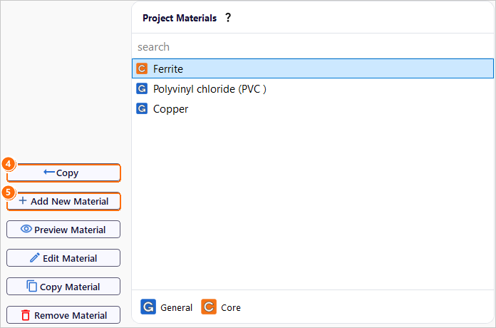 Materials tab buttons Copy and Add New Material next to the project materials Ferrite, PVC and Copper