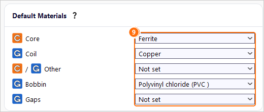 Default Materials with Ferrite for the core, Copper for the coil and PVC for the bobbin