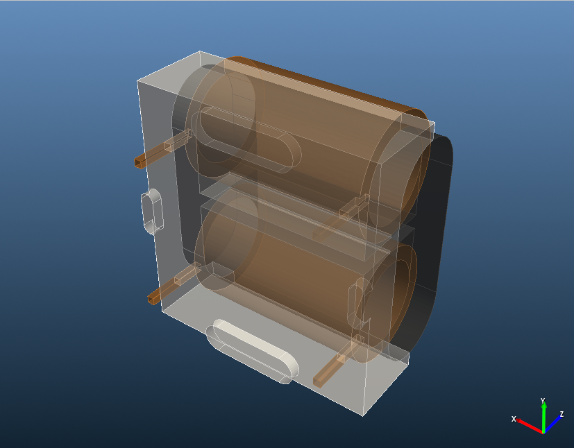 The inductor with ferrite core, two windings with leads and the transparent PVC enclosure