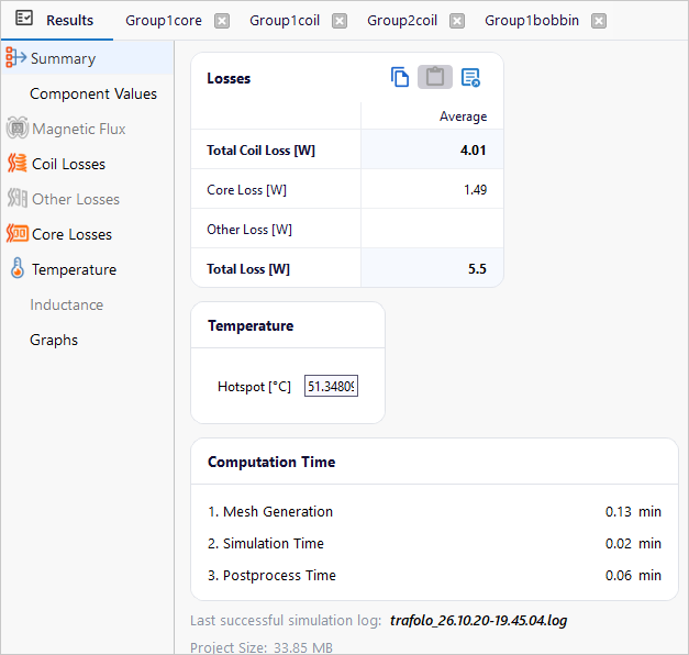 Results tab, Summary with coil, core and total loss and the hotspot at the last time step