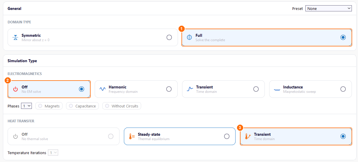 Setup tab with Full, electromagnetics Off and transient heat transfer marked