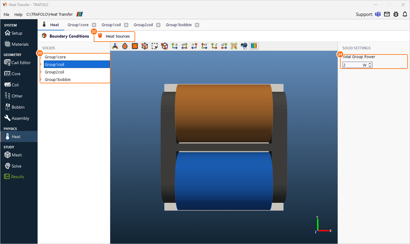 Heat tab, Heat Sources with Group1coil selected and its Total Group Power of 2 W