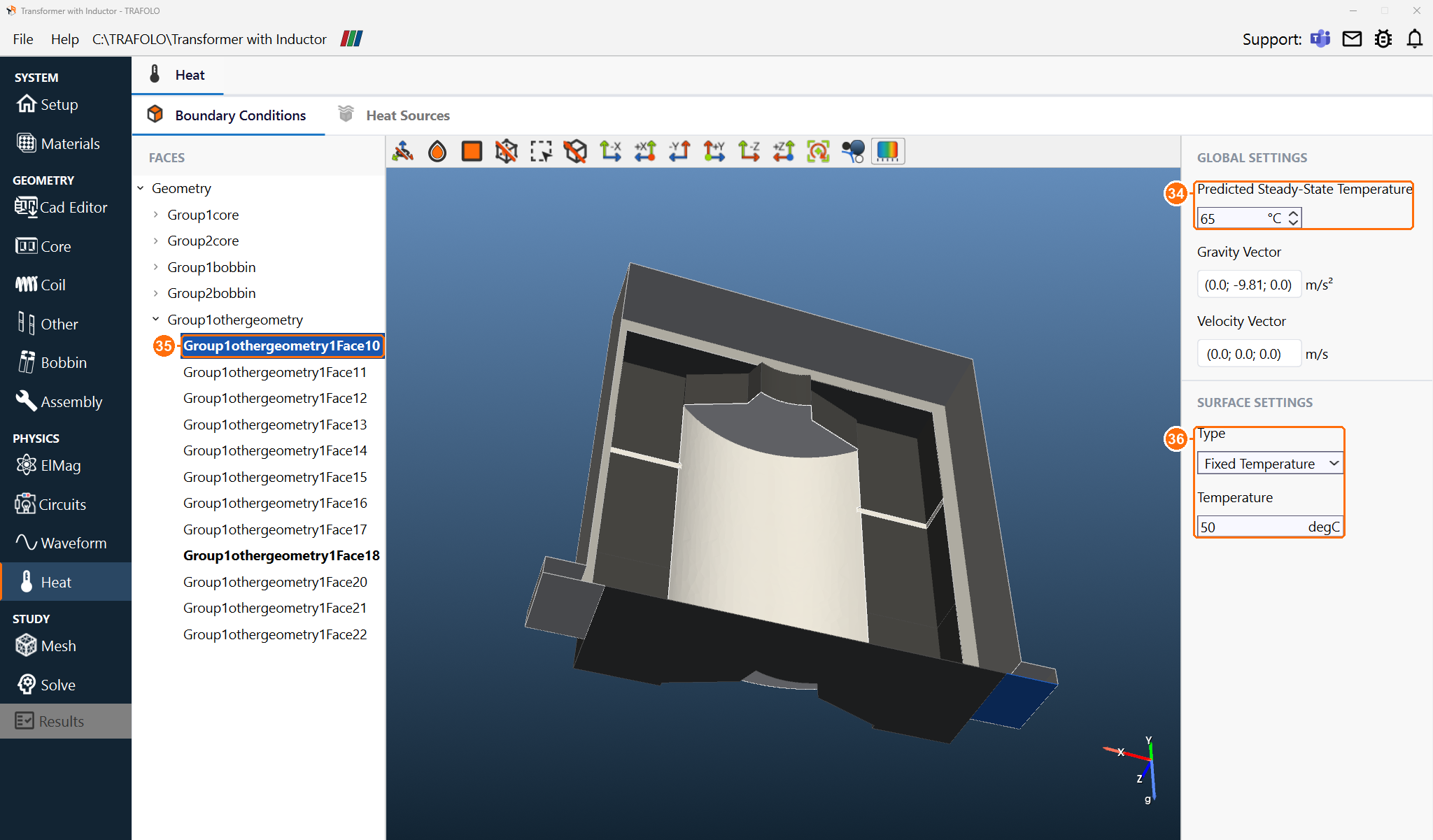 Heat tab with the predicted temperature and a fixed temperature face of the heatsink selected