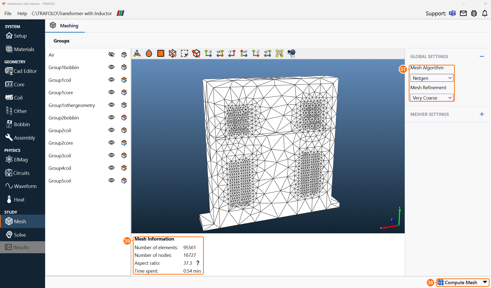 Mesh tab with Netgen, Very Coarse, Compute Mesh and the mesh information