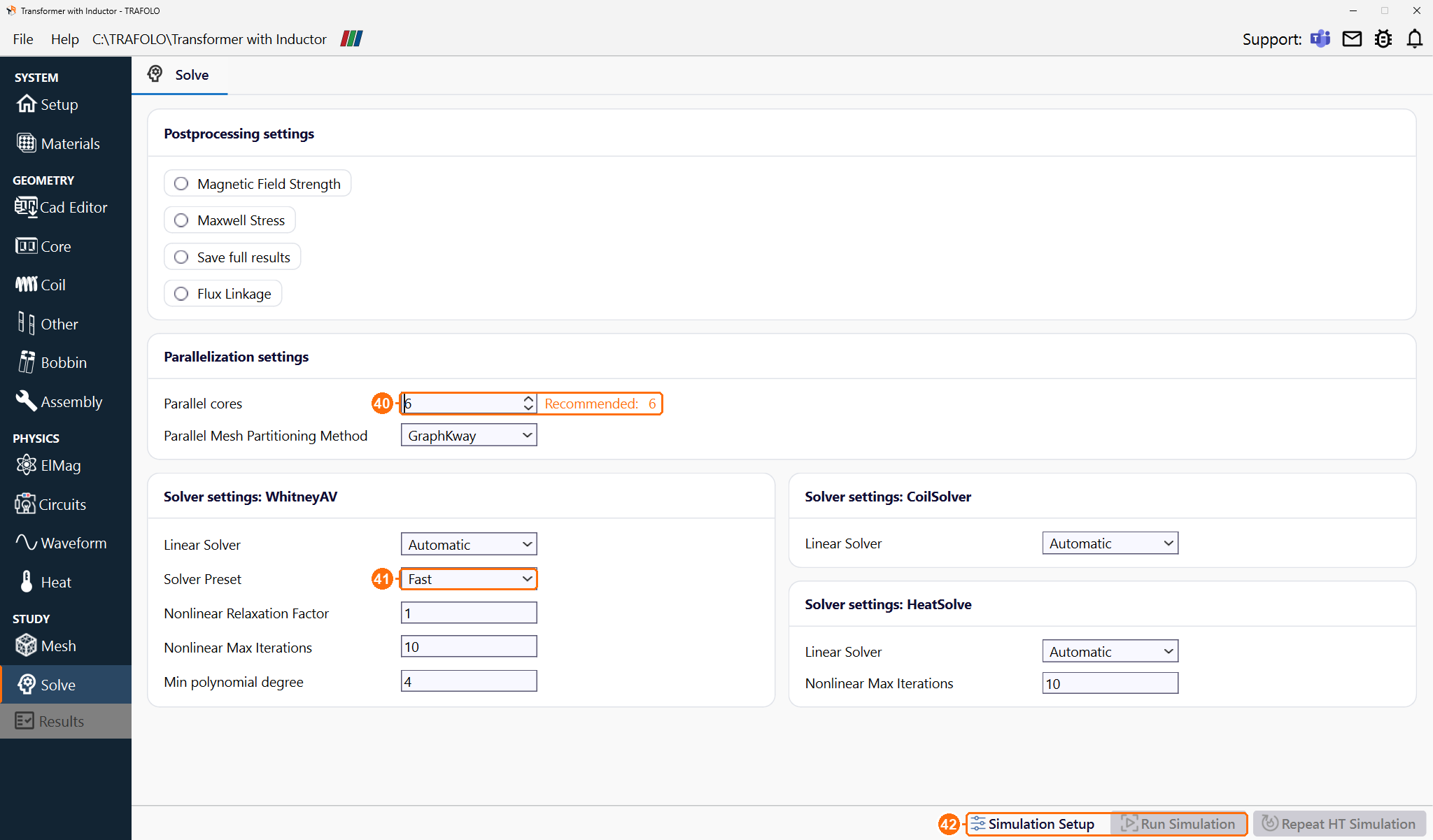 Solve tab with Parallel cores, Solver Preset, Simulation Setup and Run Simulation