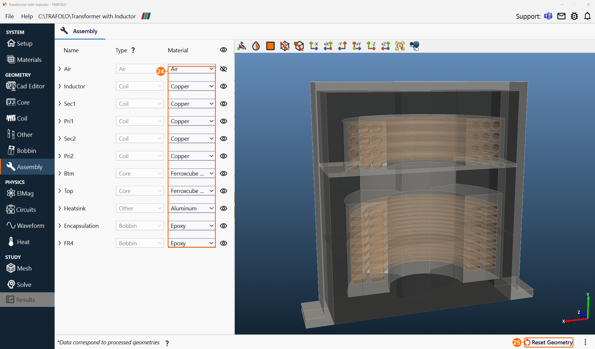 Assembly tab with the bodies and their materials, and the assembled half model