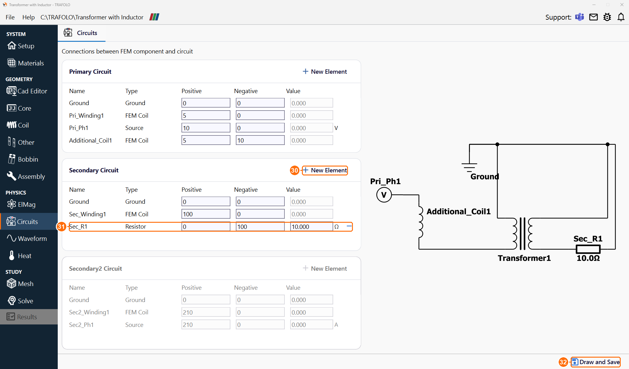 Circuits tab with the primary and secondary circuits, the 10 ohm load and the diagram