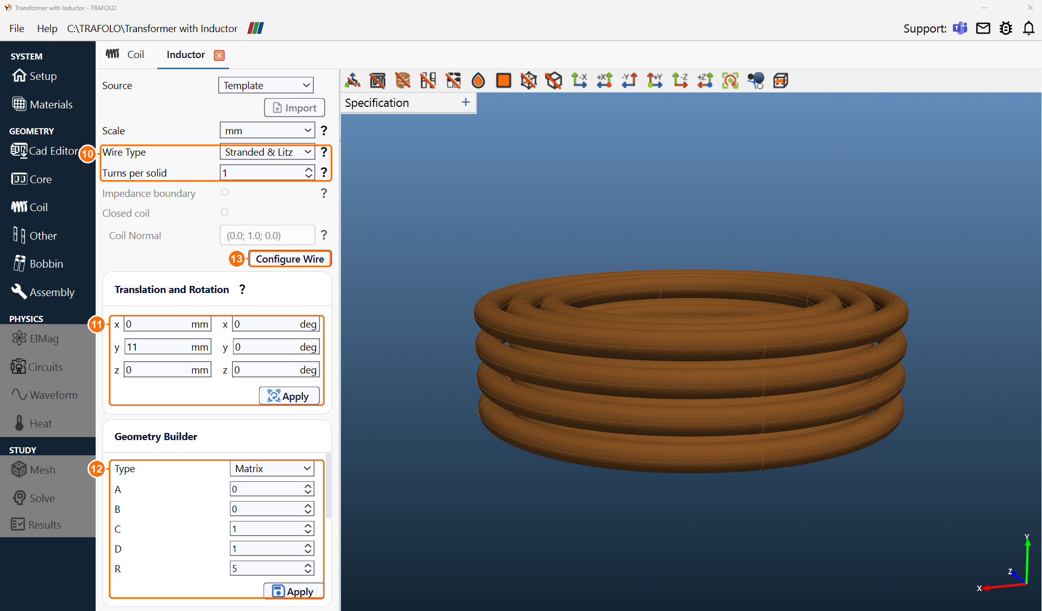 Inductor coil group with Stranded and Litz wire, y 11 mm and Matrix dimensions, and the 12 turns in an angled view