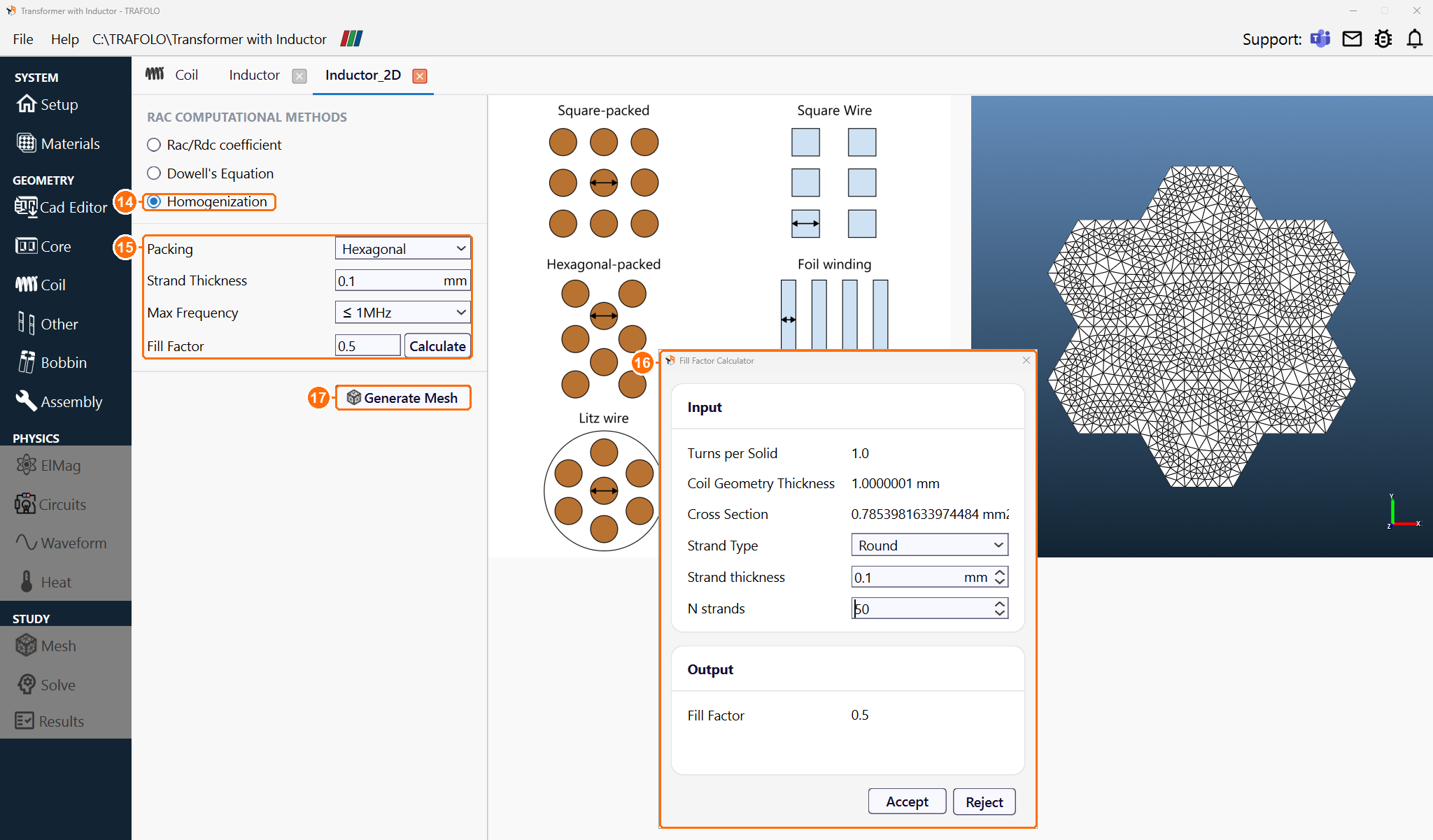 Inductor_2D tab with Homogenization settings, the Fill Factor Calculator with 50 strands and the strand mesh