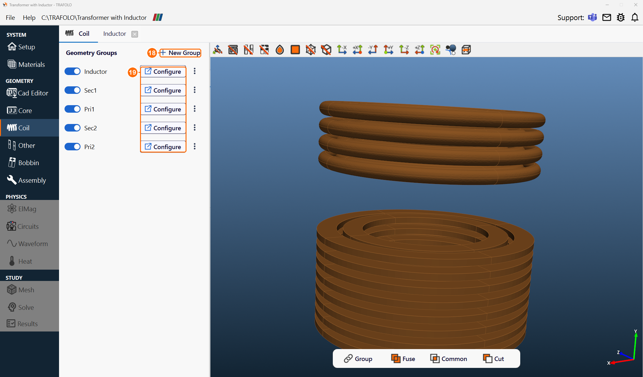 Coil tab with the five coil groups, the inductor above the interleaved transformer windings