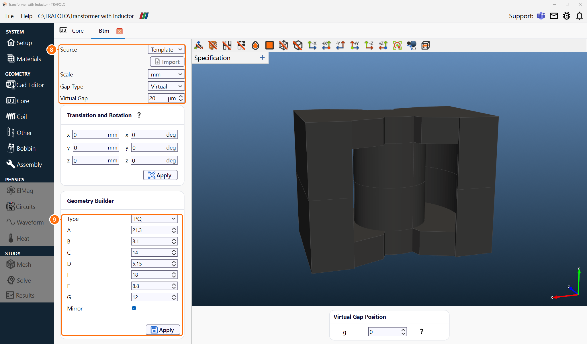 Btm core group with Template, Virtual gap and PQ dimensions, and the core pair in an angled view