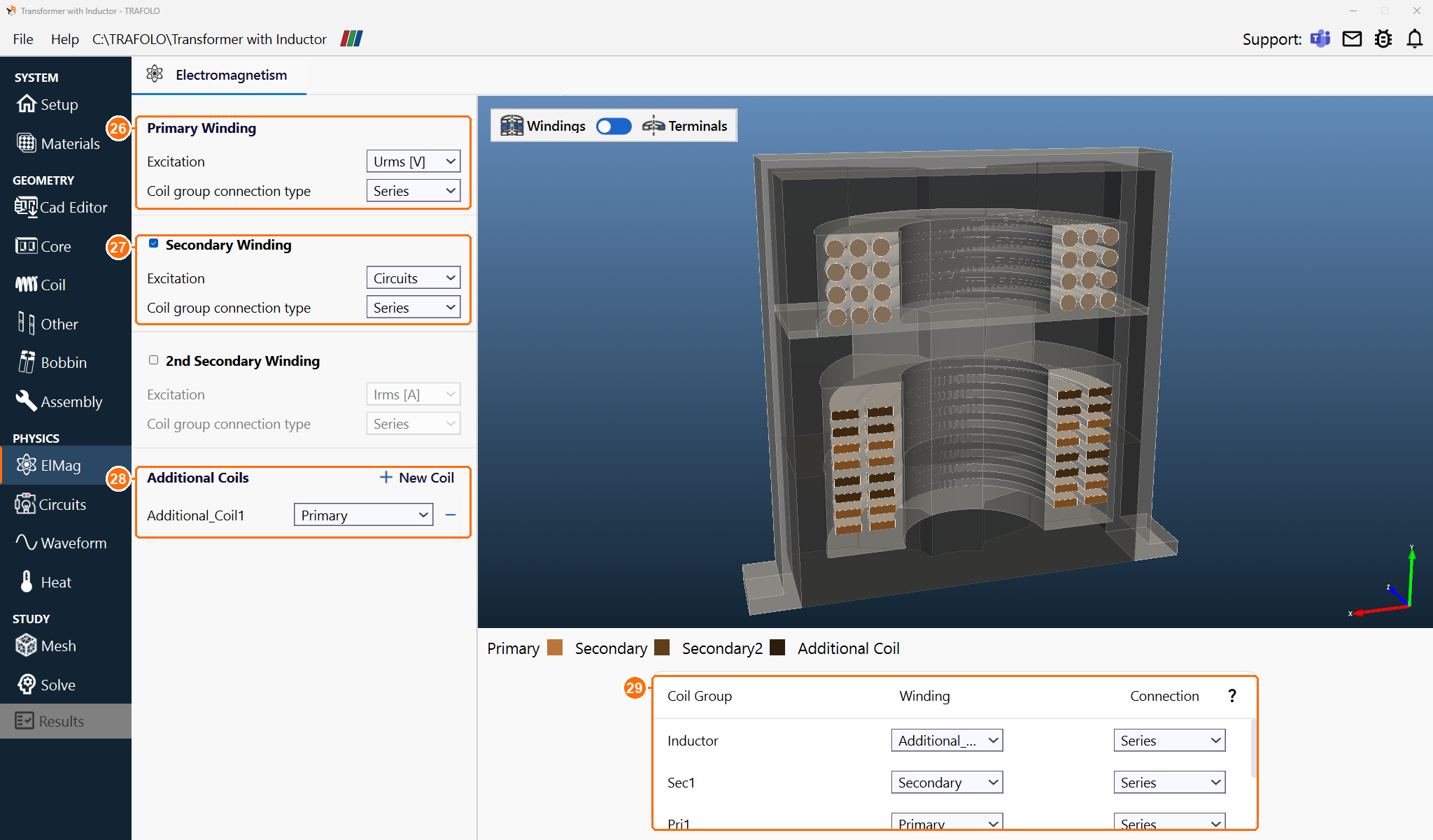 ElMag tab with the windings, Additional_Coil1 on Primary and the coil group table
