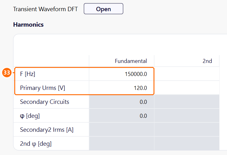 Waveform tab Harmonics table with 150000 Hz and 120 V in the Fundamental column
