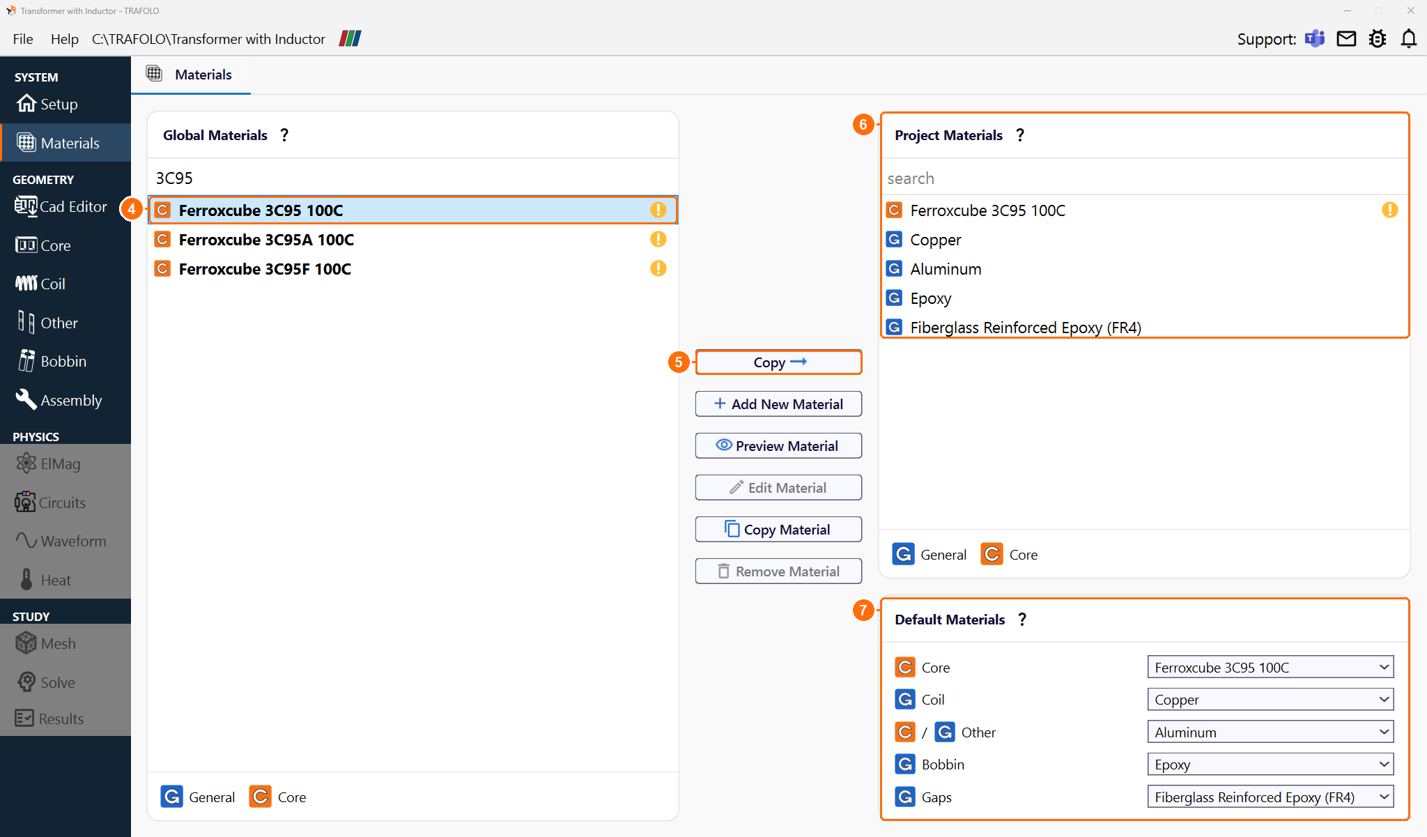 Materials tab with 3C95 found in Global Materials, Copy, Project Materials and Default Materials