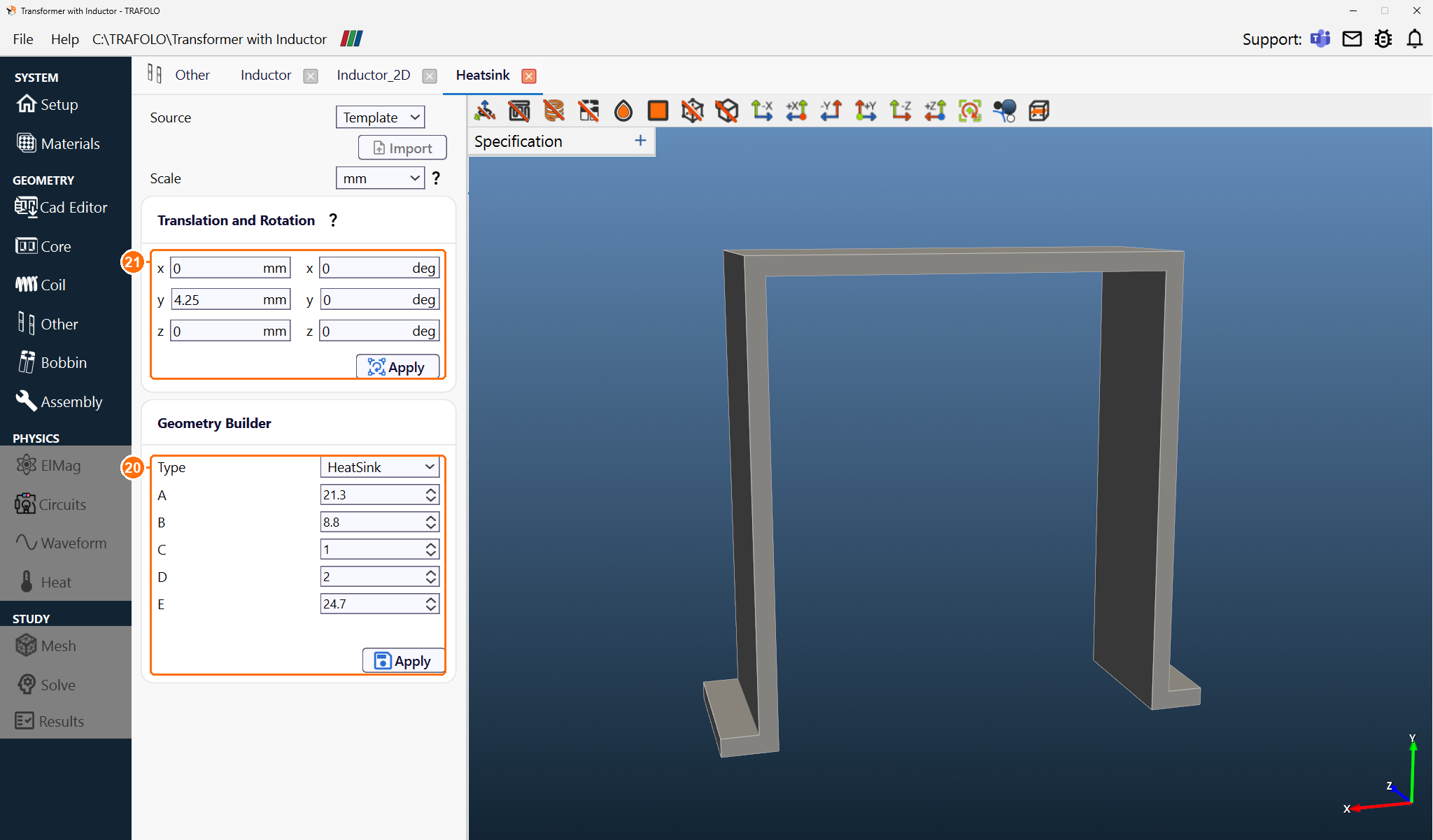 Heatsink group with HeatSink dimensions and y 4.25 mm, and the aluminum frame in an angled view
