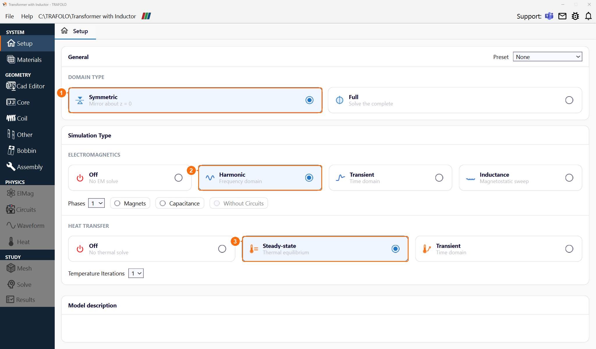 Setup tab with Symmetric, Harmonic and Steady-state selected