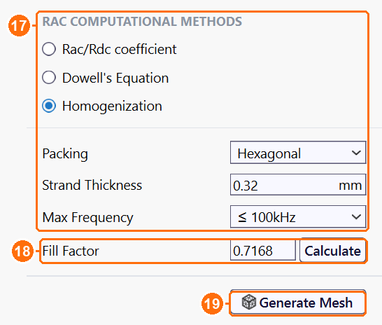 Group1coil_2D settings with Homogenization, Hexagonal packing, 0.32 mm strands, Max Frequency 100 kHz, Fill Factor and Generate Mesh