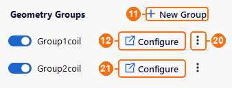 Coil tab with New Group, Configure and the group menu for Group1coil and Group2coil
