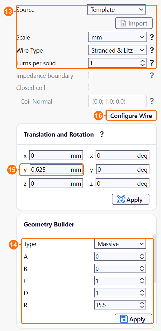 Group1coil settings with Stranded and Litz wire, the Massive Geometry Builder, the y translation and Configure Wire