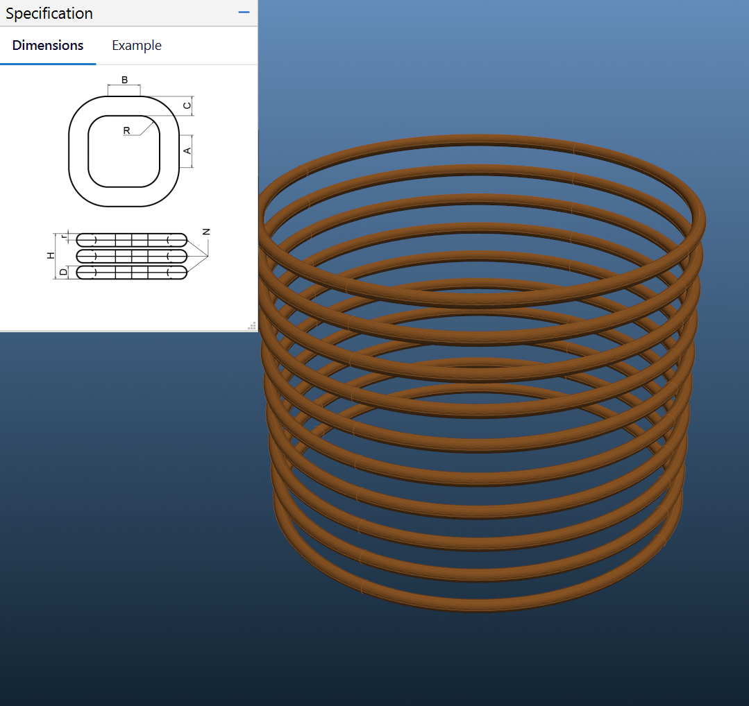 One 10-turn wire in an angled 3D view with the dimension sketch
