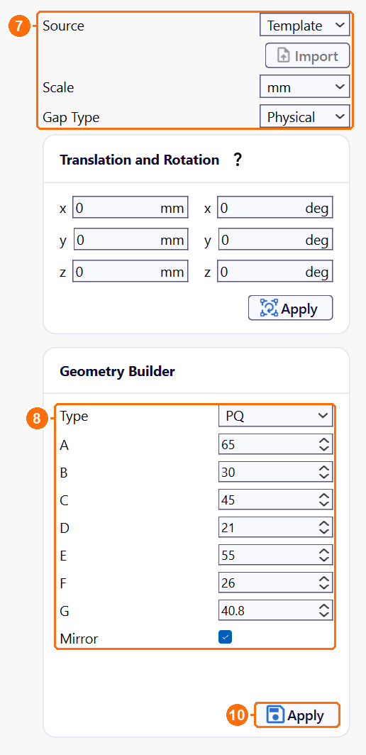 Group1core settings with Source, Scale, Gap Type Physical and the PQ dimensions