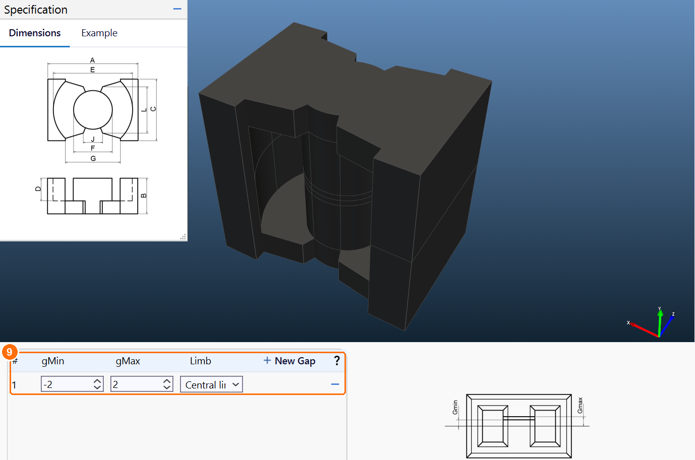 PQ core in an angled 3D view with the dimension sketch and the gap table