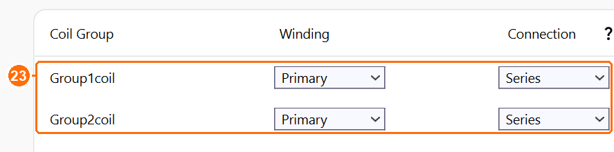 Coil group table with Group1coil and Group2coil both Primary and Series