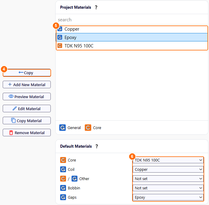 Materials tab with Copy, the three project materials and the default material per component