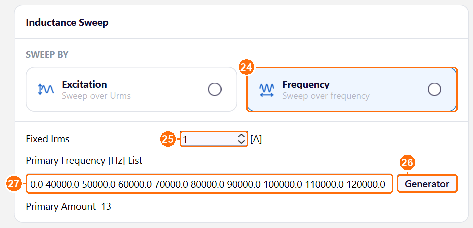 Waveform tab with Frequency sweep, Fixed Irms 1 A, Generator and the frequency list