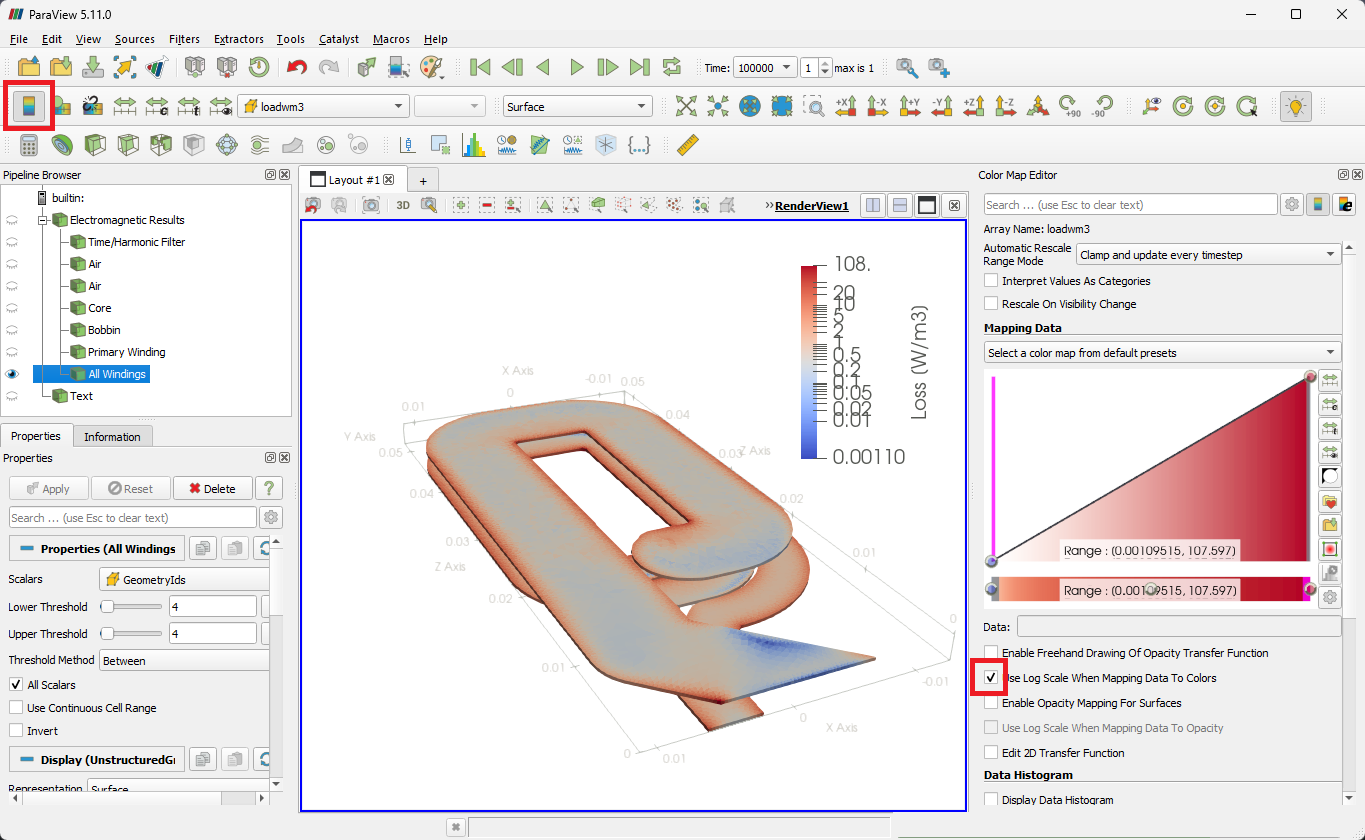 Loss density in the planar winding on a logarithmic scale, concentrated along the trace edges