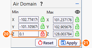 Air Domain panel with Min Z 0.1 locked and Apply