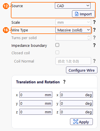 Group1coil settings with Source CAD, Import and Wire Type Massive solid