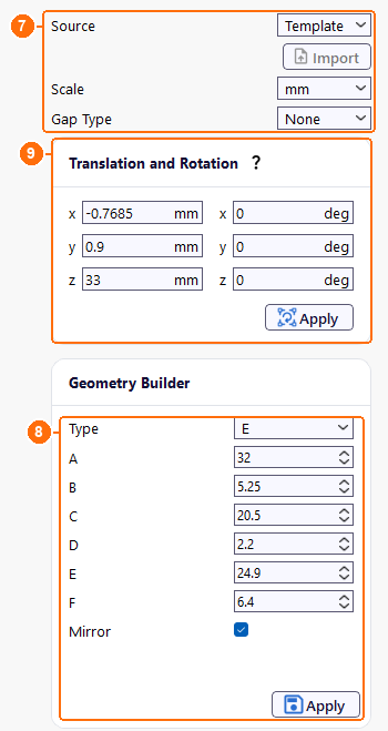 Group1core settings with Source, Scale, Gap Type None, the E core dimensions and the translation