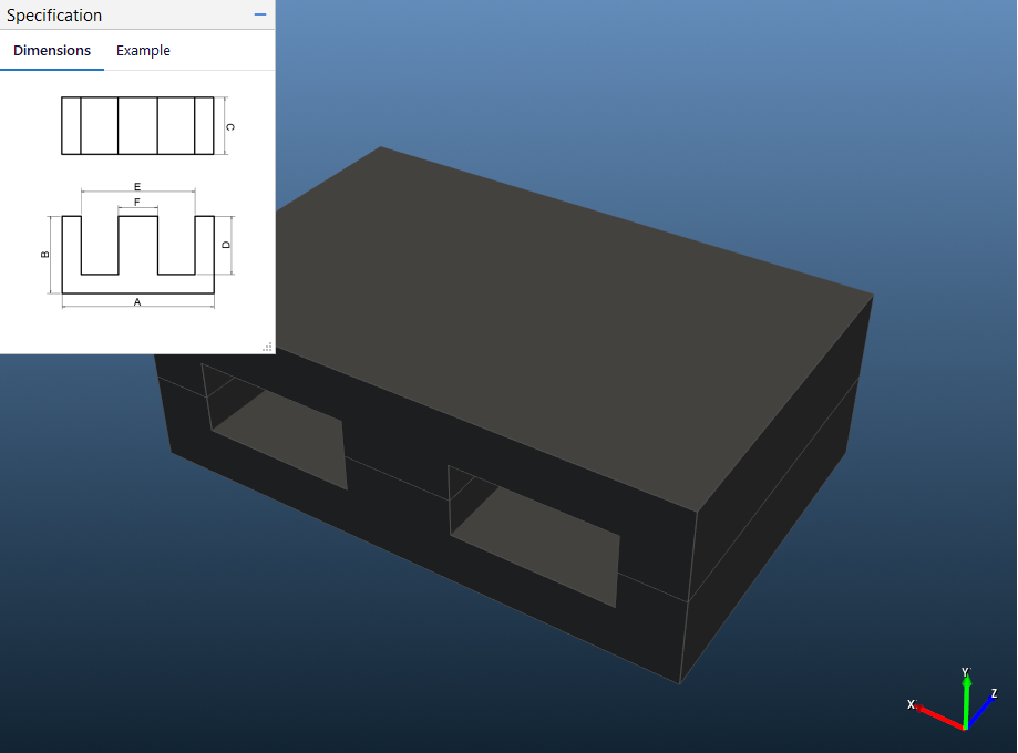 E core in an angled 3D view with the dimension sketch