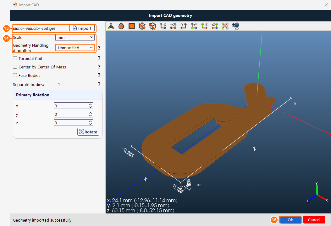Import CAD geometry dialog with the winding file, Scale mm, Unmodified and the two-layer winding