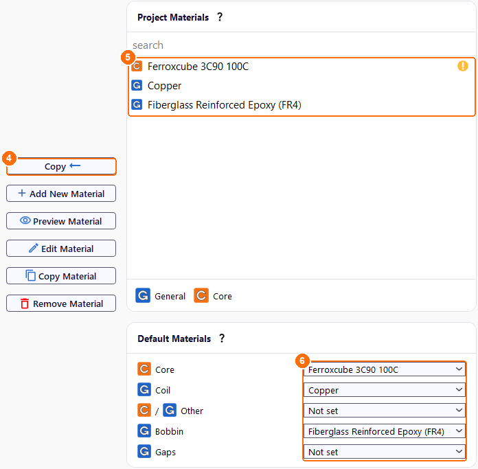 Materials tab with Copy, the three project materials and the default material per component