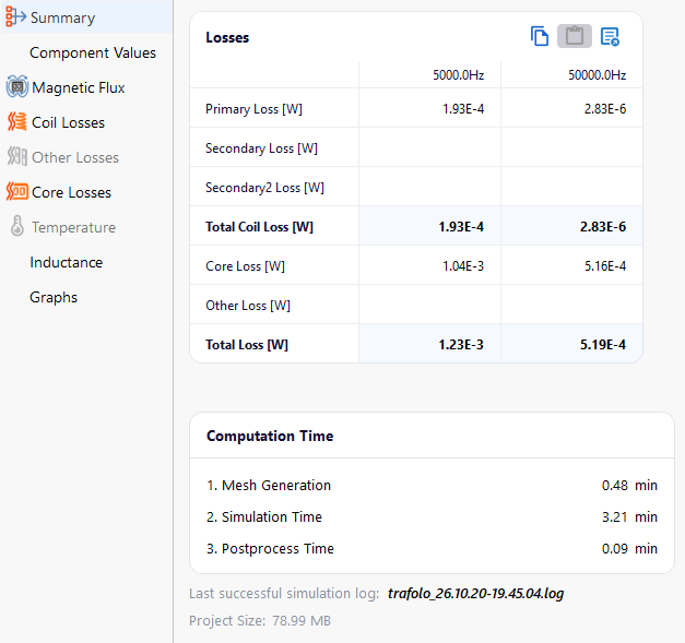Results Summary with coil, core and total loss at 5 and 50 kHz and the computation time