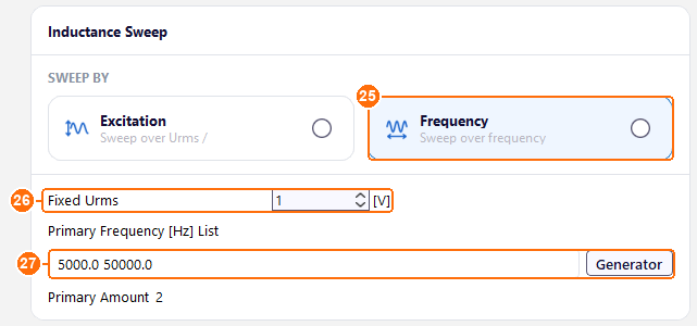 Waveform tab with Frequency sweep, Fixed Urms 1 V and the frequency list