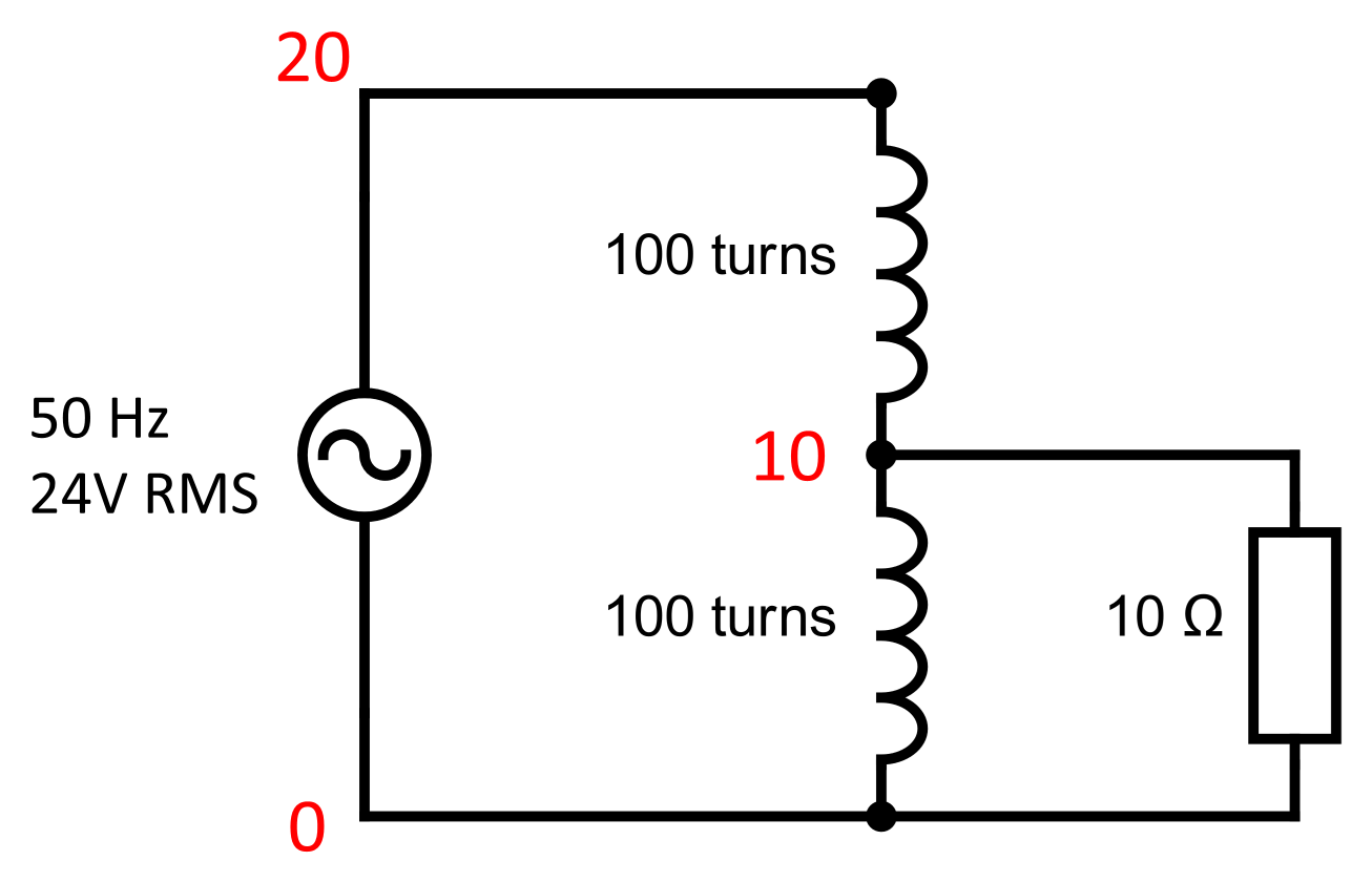 Autotransformer circuit with node 20 at the input, node 10 at the tap and node 0 at the grounded end