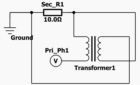 Circuit drawn by Draw and Save with Sec_R1, Pri_Ph1, the ground and Transformer1