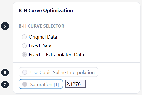 B-H Curve Optimization panel with curve selector, cubic spline option and saturation