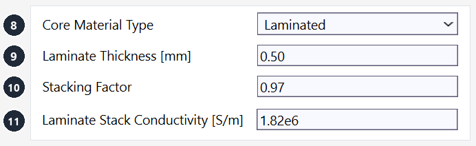 Laminated core settings on the General tab of the material