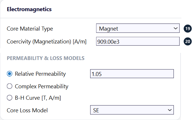 General tab of a magnet material with Core Material Type Magnet and the coercivity