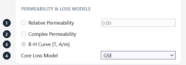 Permeability and loss model options on the General tab of a core material