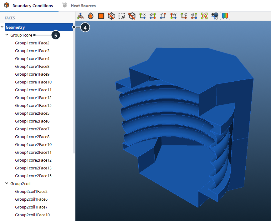 Heat tab FACES list with Geometry selected and every outer face of the flyback transformer highlighted