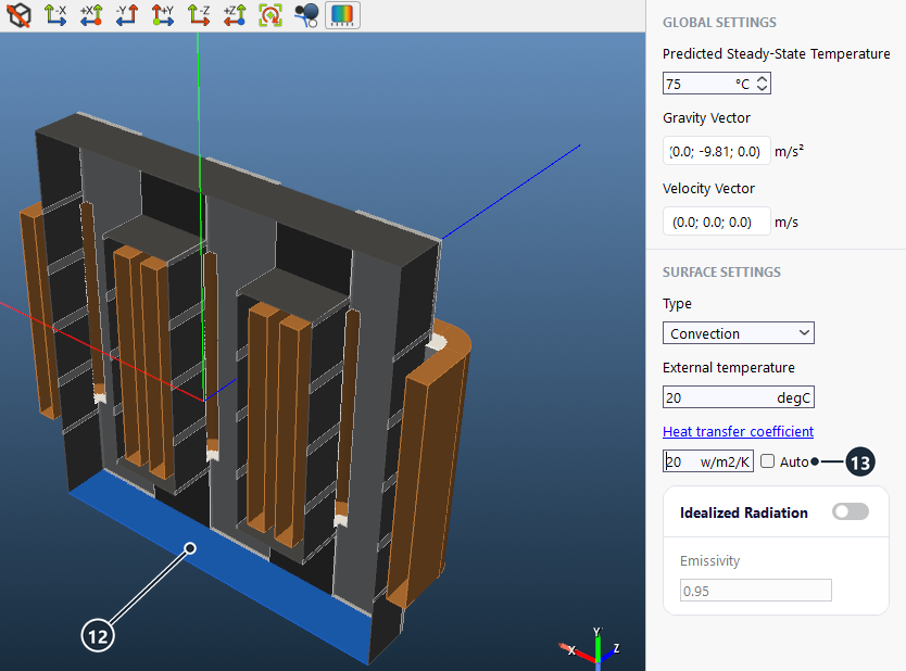 Three-phase choke with the core face over the heat sink selected and its heat transfer coefficient set to 20