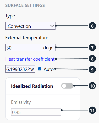 SURFACE SETTINGS panel of one face with six numbered callouts
