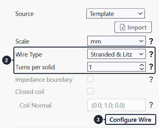 Coil group settings with Wire Type, Turns per solid and the Configure Wire button