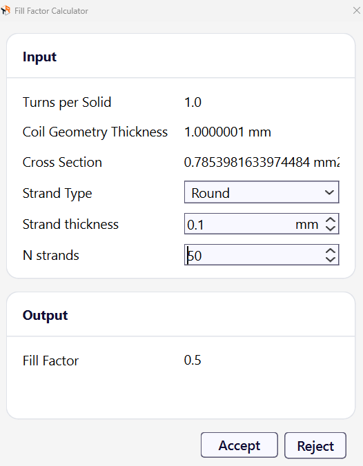 Fill Factor Calculator with strand type, strand thickness and number of strands