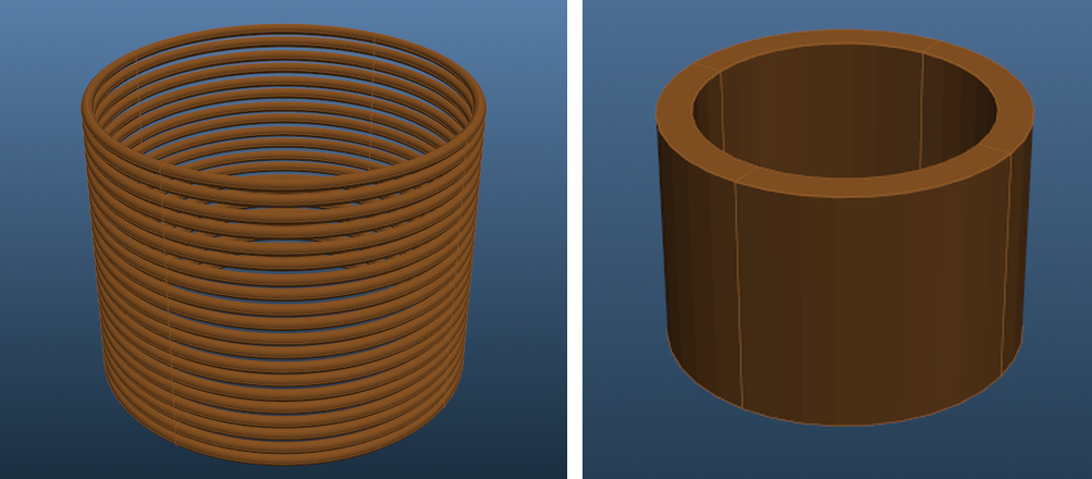 Two litz wires of 10 separate turns beside a primary drawn as one filled cylinder